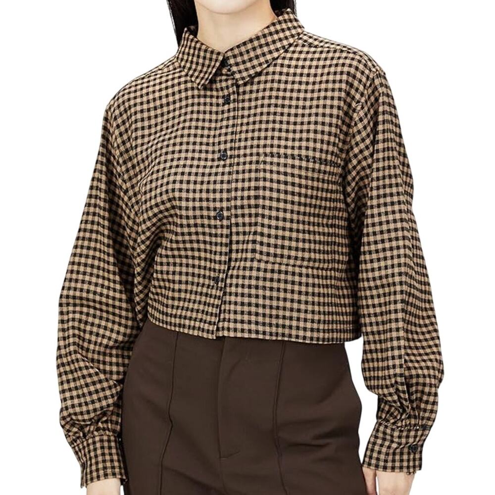 Dee Elly S NEW Womens Brown Check Cropped Shirt Button Front Neutral Boxy